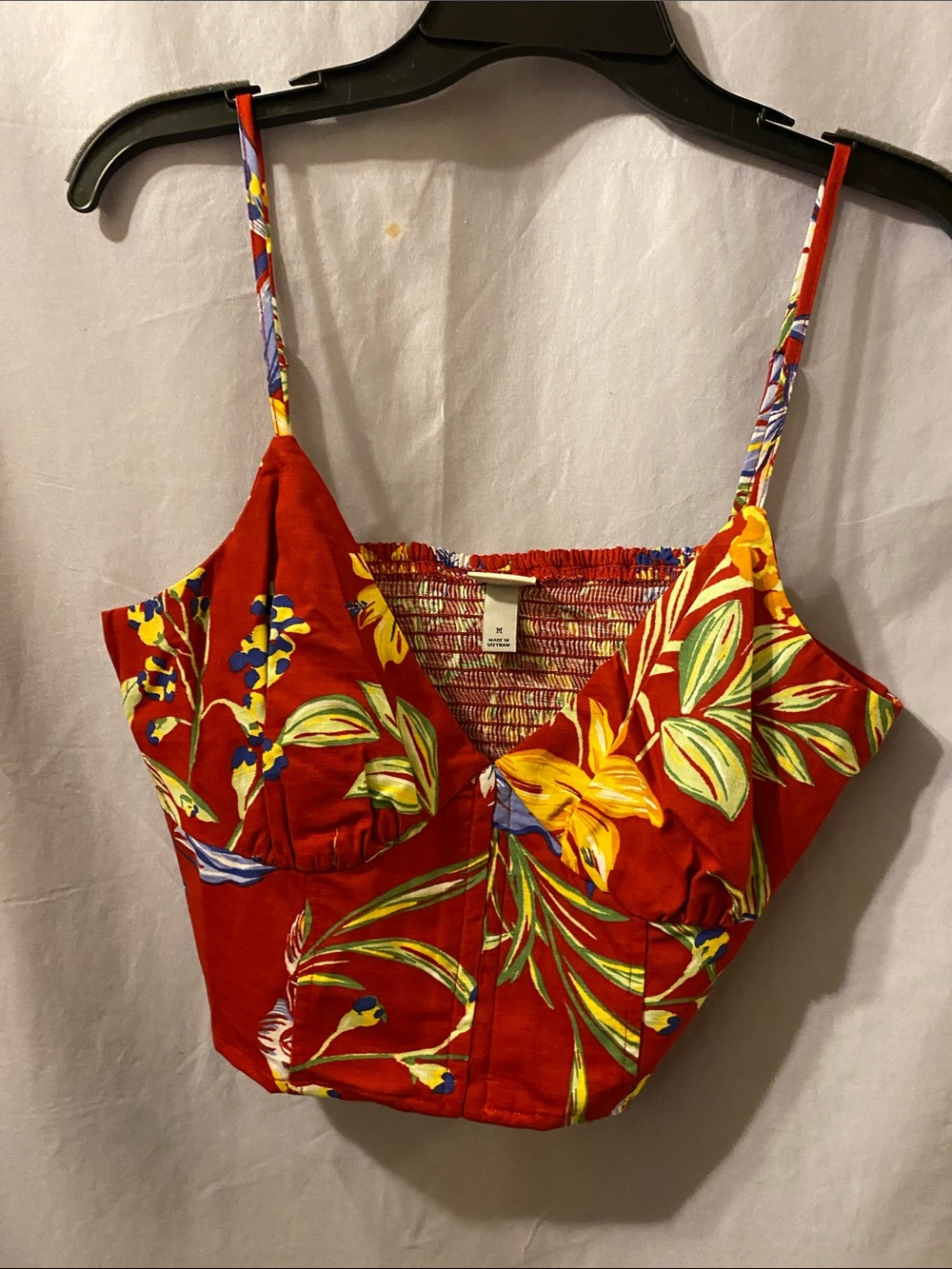 a new day Red Floral Spaghetti-Strap Crop Top with Yellow & Green Print